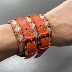 Bottega Veneta Orange & Cream Leather Cuff Bracelet Double Buckle Designer